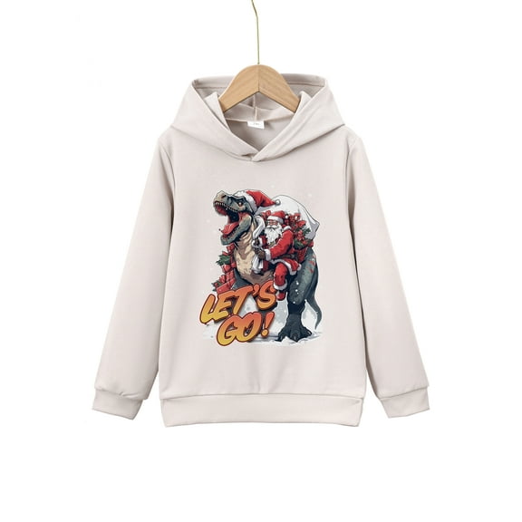 Merry Christmas Cool Santa Riding Dinosaur Print Boys Casual Pullover Long Sleeve Hoodies, Boys Sweatshirt For Spring Fall, Kids Hoodie Tops Outdoor
