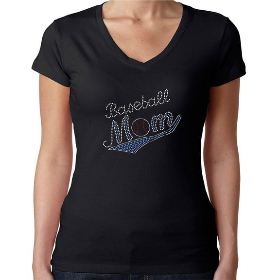Womens T-Shirt Rhinestone Bling Black Tee Baseball Mom Ball Blue V-Neck Medium