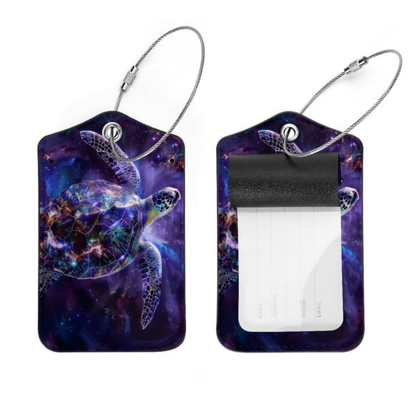 PhooArto 2 Pack Leather Luggage Tag with Stainless Steel Loop, Magic Galaxy Turtle Baggage Handbag Travel Suitcase Tags with Name ID Card Perfect to Quickly Spot Luggage Suitcase