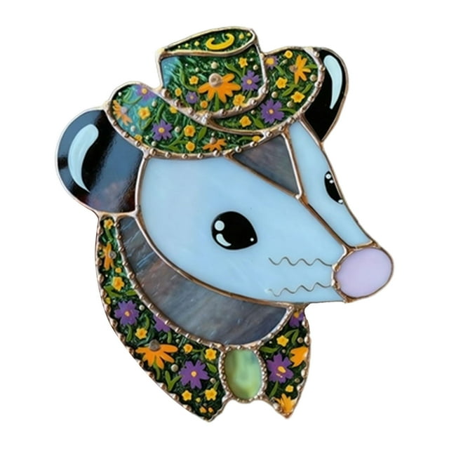Handmade Stained Glass Sunlight Catcher Window Art Featuring Adorable Animal Designs of Opossum and Owl