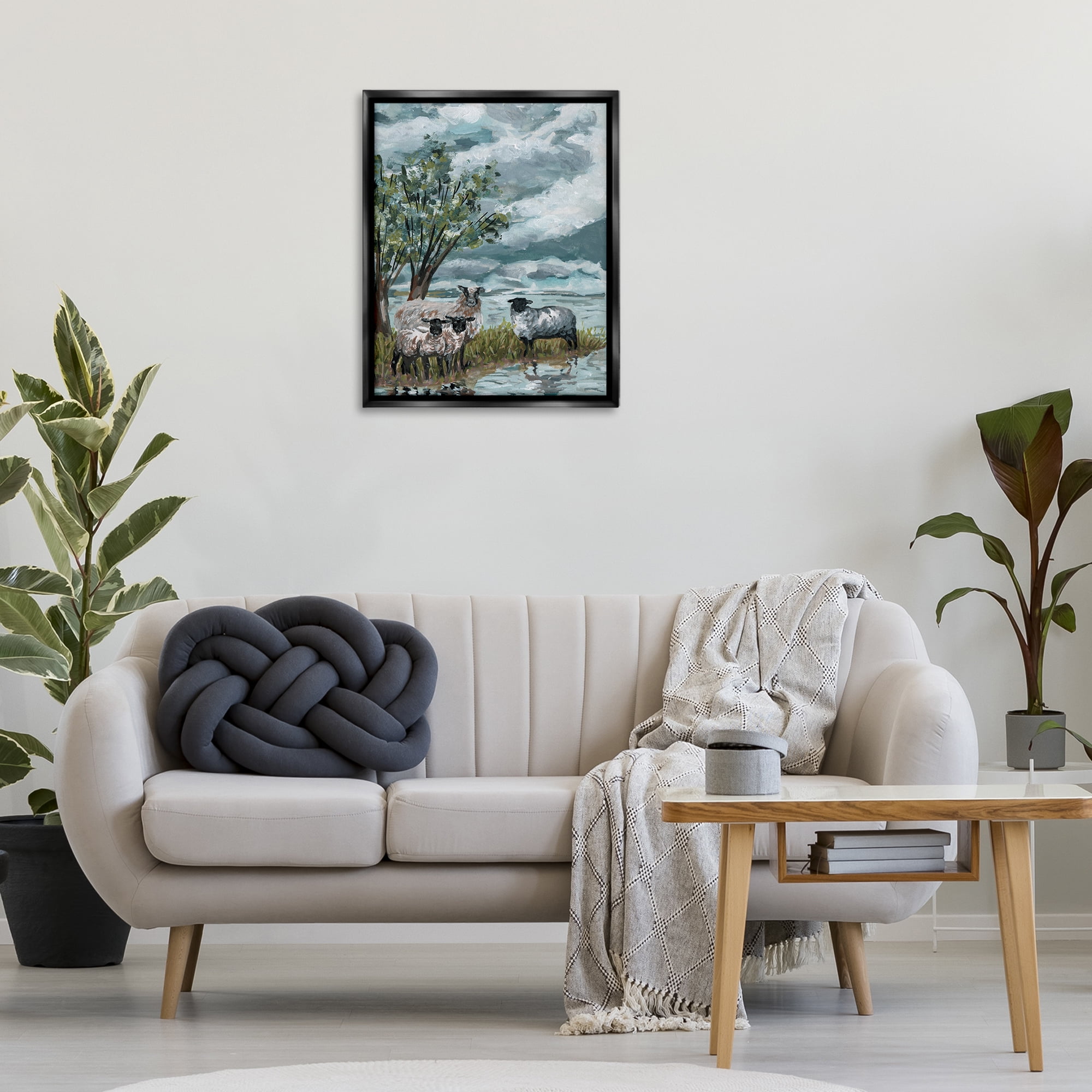 Stupell Industries Traditional Sheep View Landscape Painting Black Floater Framed Canvas Art Print Wall Art, 25 x 31