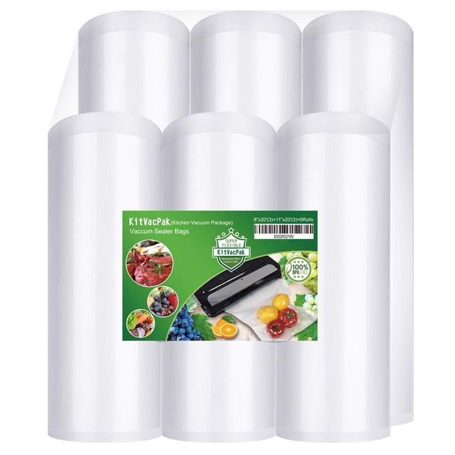 KitVacPak 6 Pack 8"x20'(3Rolls) and11"x20' (3Rolls) Vacuum Sealer Bags Rolls with BPA Free and Heavy Duty,Commercial Grade Vacuum Seal Freezer Bags R