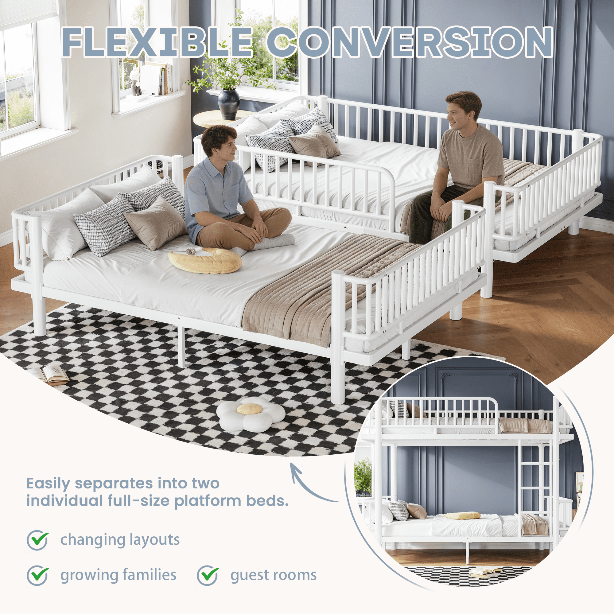 Leumius Queen over Queen Bunk Bed Frame with Ladders & Guardrails, Metal Bunk Bed Frame with Upgraded Safety Round-Pipe Design, Can Transformed into 2 Platform Bed for Teens Adults White