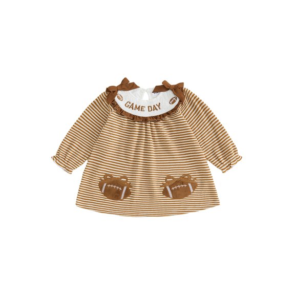 RUINIXCW Toddler Baby Girl Football Dress Little Girls Fall Waffled Dress Funny Rugby Letter Embroidery Bow Ruffled Crew Neck Long Sleeve loose Dress