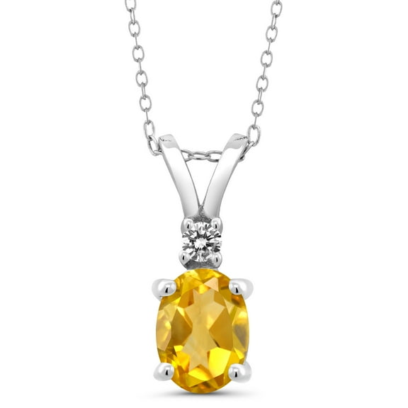 Gem Stone King 1.37 Ct Oval Yellow Citrine White Diamond 925 Sterling Silver Pendant