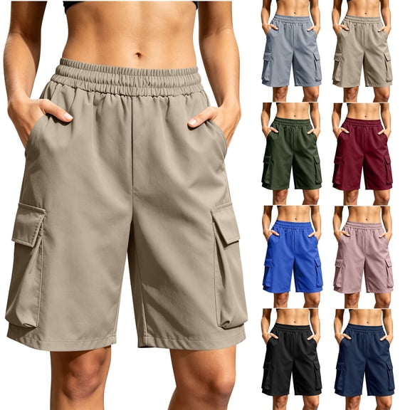 VBVC Women's Elastic Waist Cargo Shorts , Summer Athletic Workout Hiking Shorts For Women,Ladies' Loose Fit Pull-On Shorts with Pockets,Beige,S-3XL