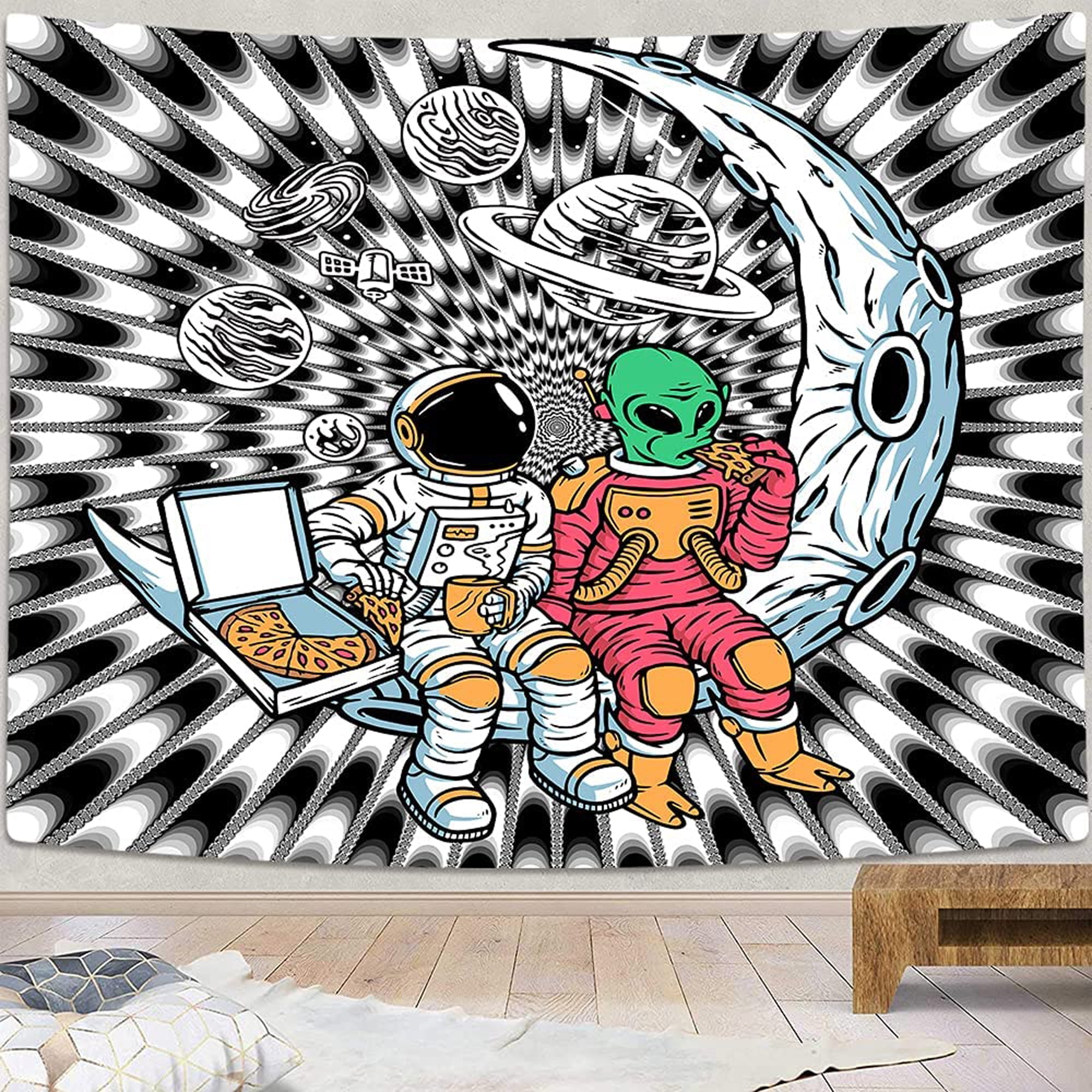 Cool Black and White Astronaut Trippy Tapestry, Psychedelic Funny Alien on Moon Tapestry Wall Hanging, Universe Galaxy Poster Hippie Tapestry for Bedroom Aesthetic for Men Livingroom Dorm, 60X40in