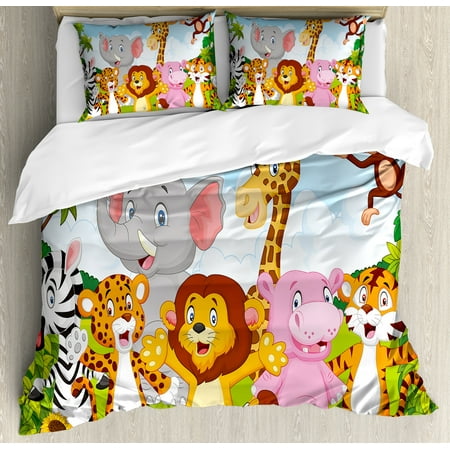 Nature Bedding Sets Nursery Duvet Cover Set, Comic African Savannah Animals Playful Friendly Safari Jungle Happy Wildlife Nature, Decorative Bedding Set with Pillow Shams, Multicolor, by Ambesonne ()