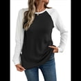 thumbnail image 2 of Tops Casuales de Punto Gofre con Cuello Redondo y Larga con Bloques de Color para Mujer Negro XL, 2 of 10