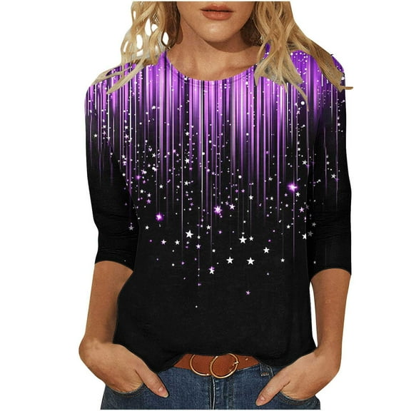 JTZGDY Sparkly Tops for Women Funny Printed 3/4 Lenght Sleeve Crew Neck Graphic Oversized T-Shirts Loose Fit Cozy Tunics Lightweght Pullover Blouse Black L