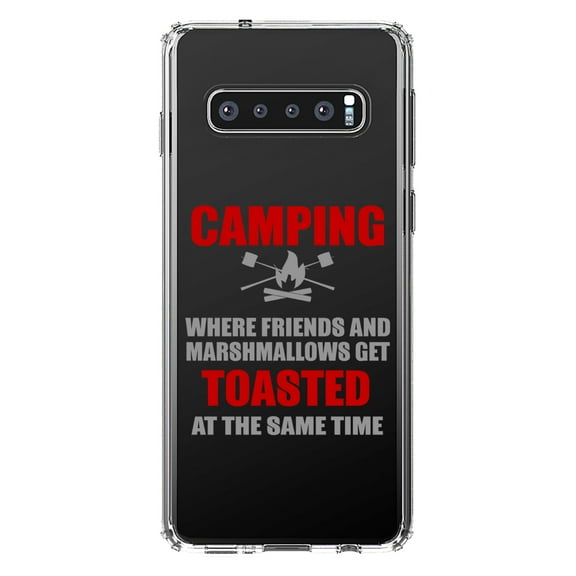 DistinctInk Clear Shockproof Hybrid Case for Samsung Galaxy S10 (6.1" Screen) - TPU Bumper Acrylic Back Tempered Glass Screen Protector - Camping - Friends & Marshmallows Get Toasted