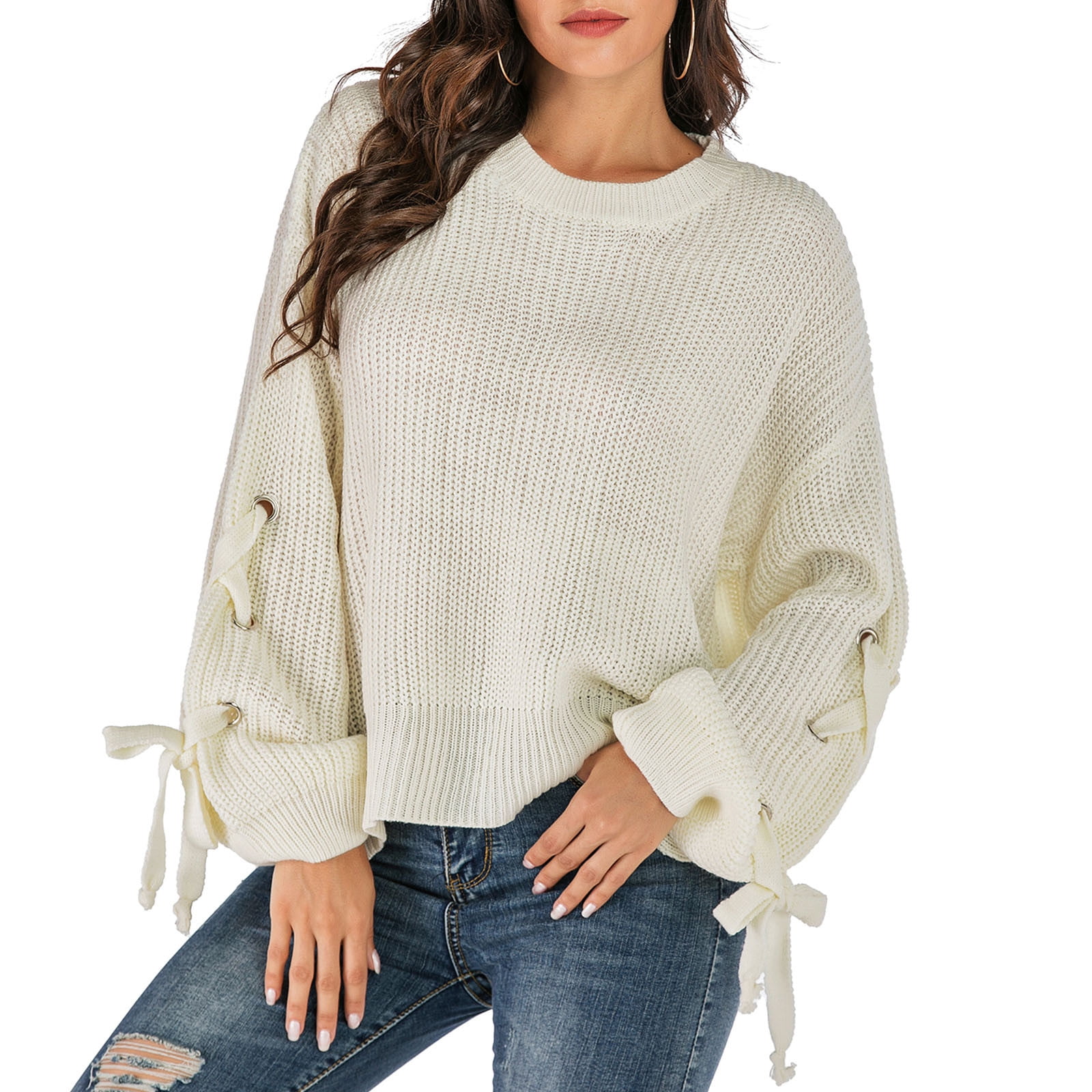 JURANMO Fashion Sweaters for Women Loose Fit Lace Up Sleeve Jumper Tops Soft Comfy Ribbed Knit Sweater Crewneck Cropped Sweaters Lightning Deals White