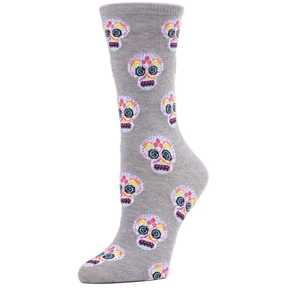 MeMoi Sugar Skull Day of the Dead Crew Socks - Womens - Female, 9-11, Medium Gray Heather