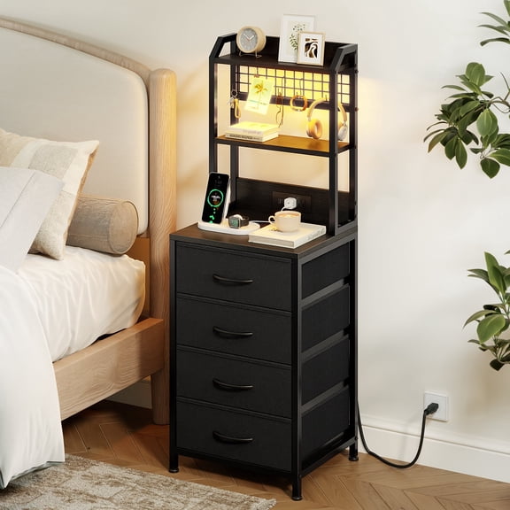 GUNAITO Nightstand with Charging Station & LED Light, 4 Fabric Drawers & 3 Shelves Bedside Table, Modern End Table for Bedroom,Gray