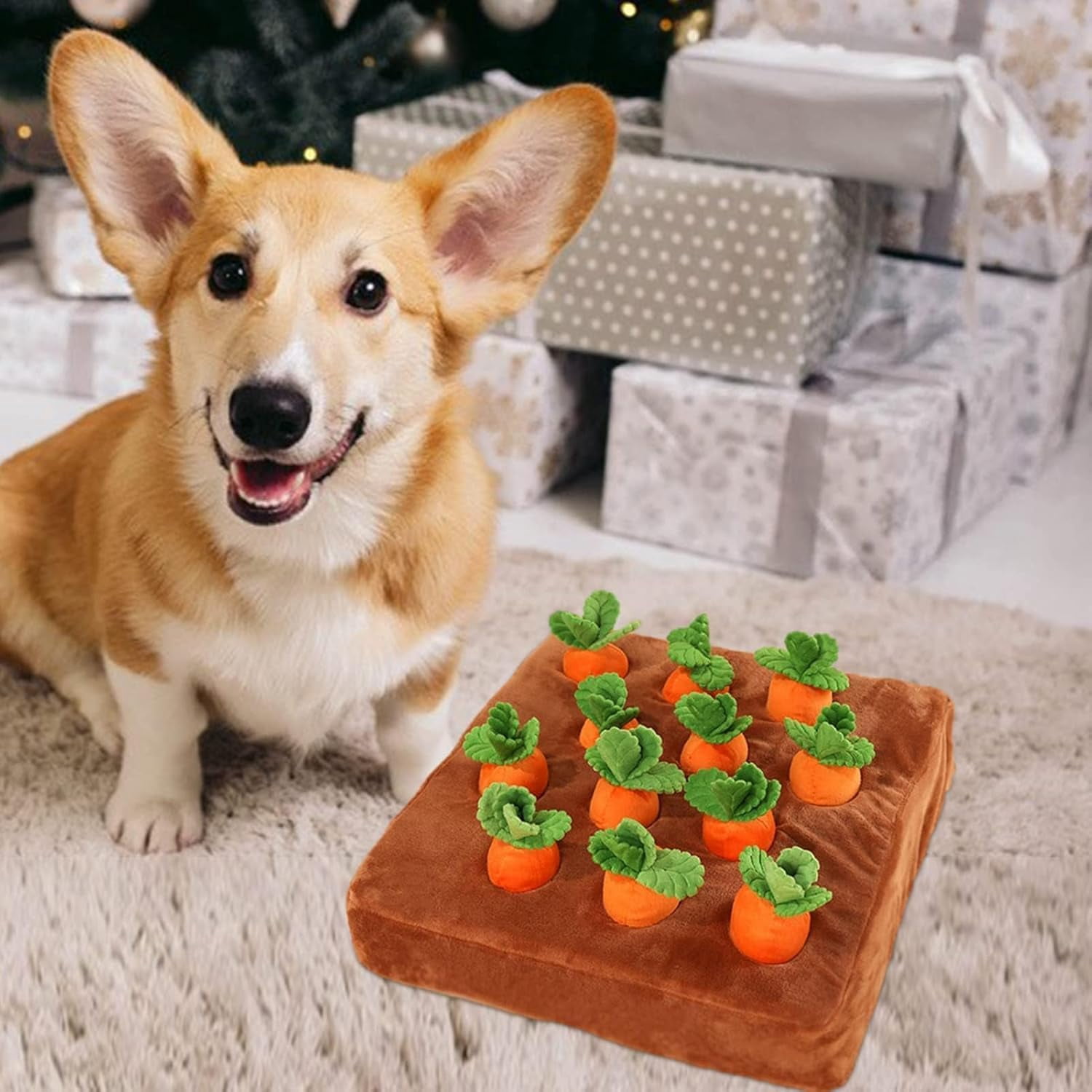 Interactive Dog Snuffle Mat with 12 Carrots, 2-in-1 Nosework Puzzle Toy for Dogs, Non-Slip Foraging Mat for Pet Stress Relief, Quiet Nose Work Training Game