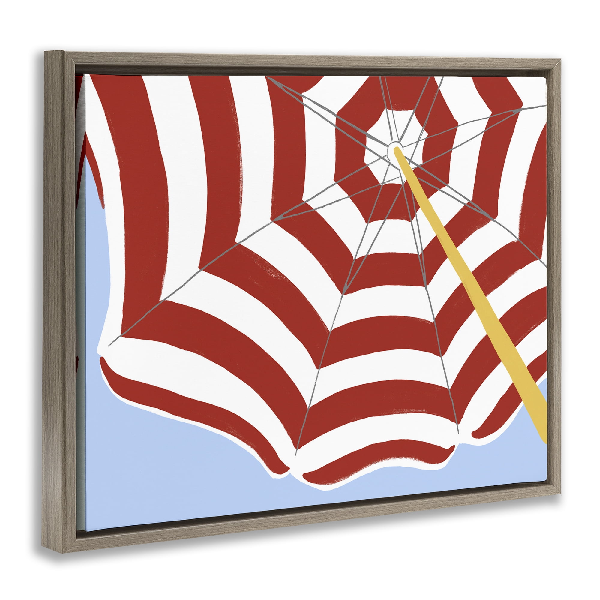 Stupell Industries Red & White Umbrella Coastal Painting Brown Floater Framed Canvas Art Print Wall Art, 31 x 25