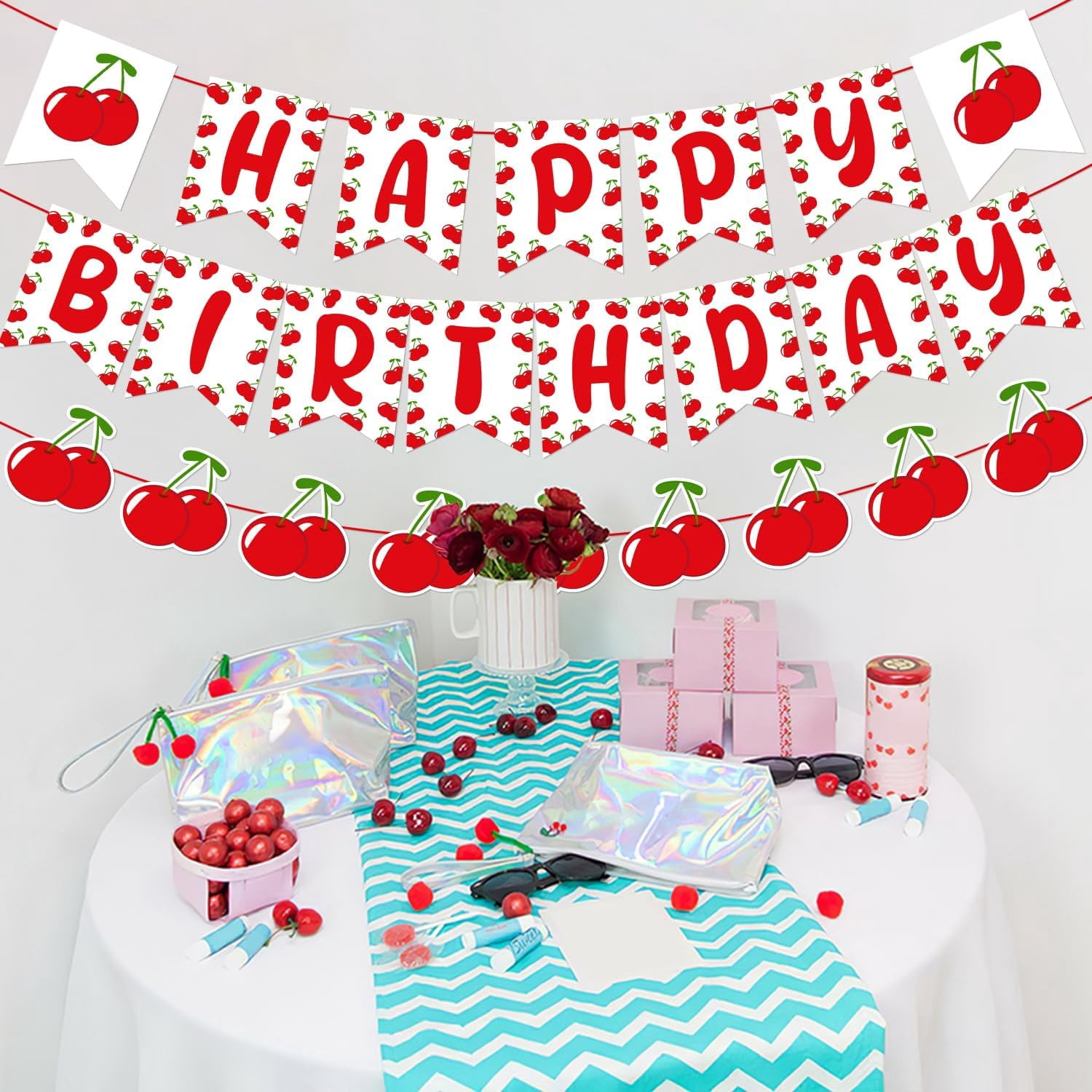 Cherry Themed Happy Birthday Banner Garland Sweet Cherry Birthday Party Decorations Fruit Theme Party Supplies for Girls1st 2nd 3rd Birthday Party