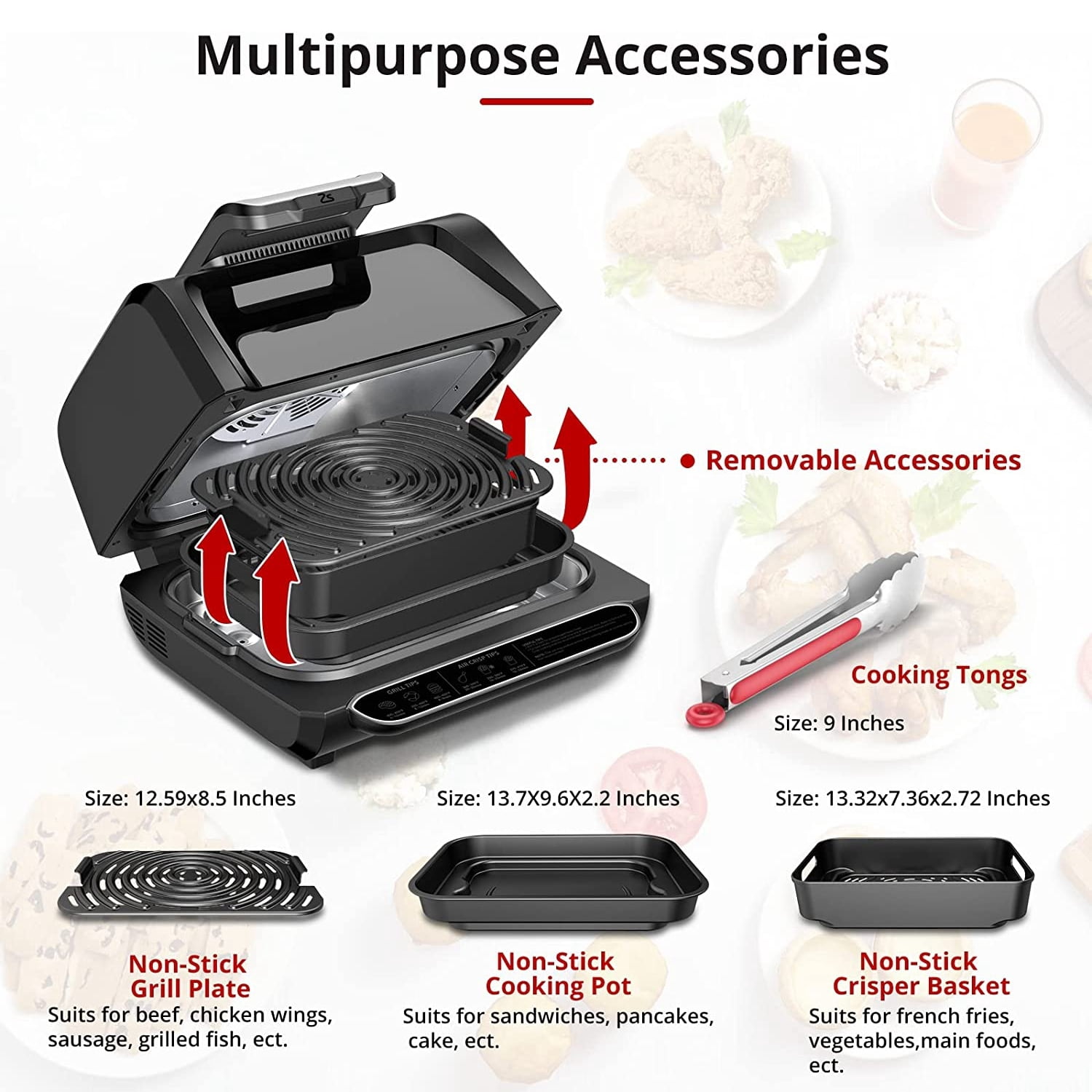 Towallmark Indoor Grill Air Fryer Combo with See-Through Window, 7-in-1 Smokeless Electric Air Grill up to 450F, 1750W Contact Grill with Non-Stick Removable Plates, Even Heat, Silicon Tongs as Gift