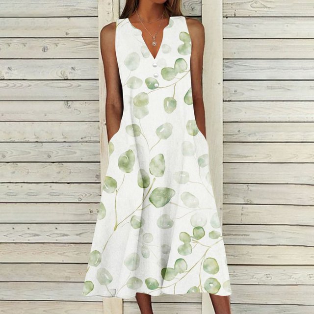Estbridge Robes d'Été pour Femmes Décontractées Plissées Amples Évasées Midi pour Femmes Imprimé Floral Longueur Genou Grande Taille Robe Col Ras du Cou Manches Courtes Robe d'Invitée de Mariage Économies d'Été Liquidation