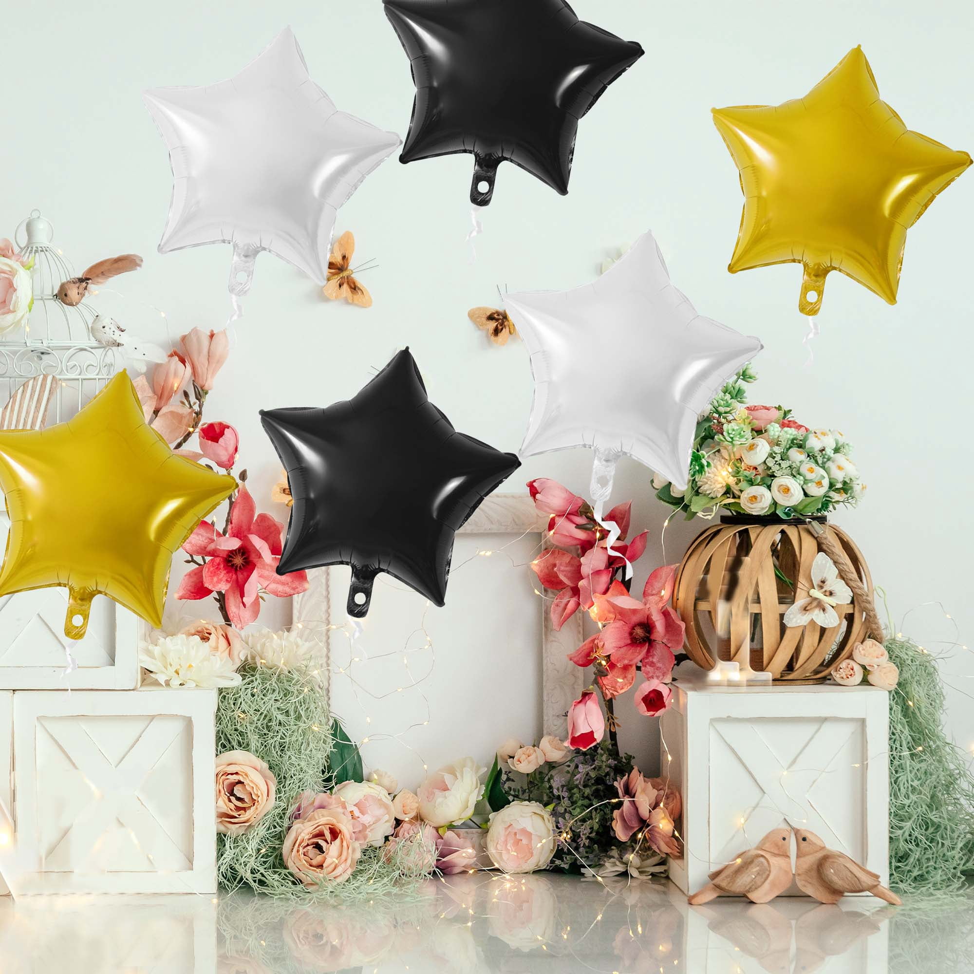 Unique Bargains 10Pcs Helium Balloons with Ribbon Star Pattern Black Gold Silver Tone