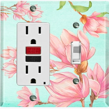 Metal Light Switch Plate Cover Classy Pink Magnolia Floral Wallpaper Teal FLW105