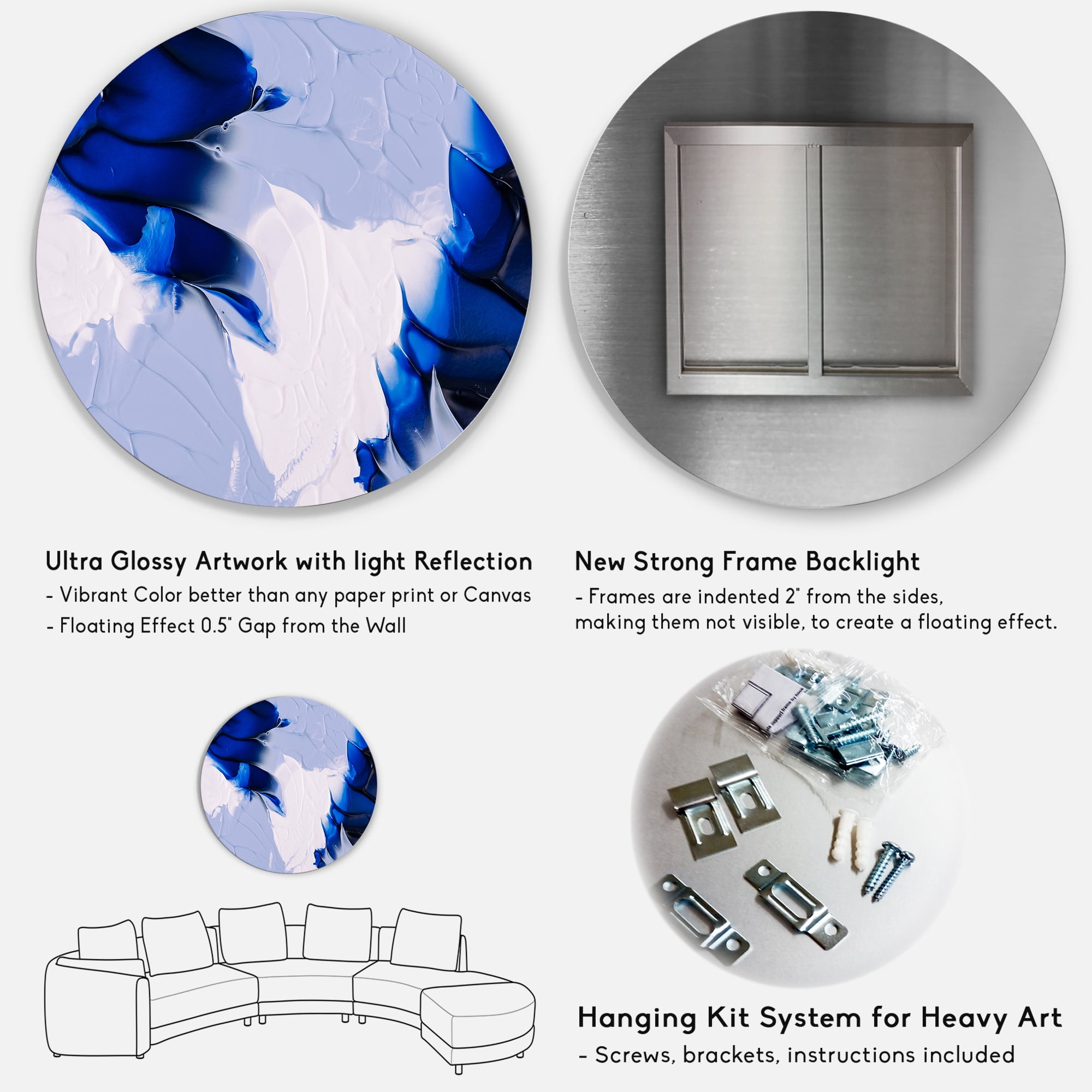 Designart 'Abstract White and Blue Grey Waves' Modern Circle Metal Wall Art 23x23 - Disc of 23