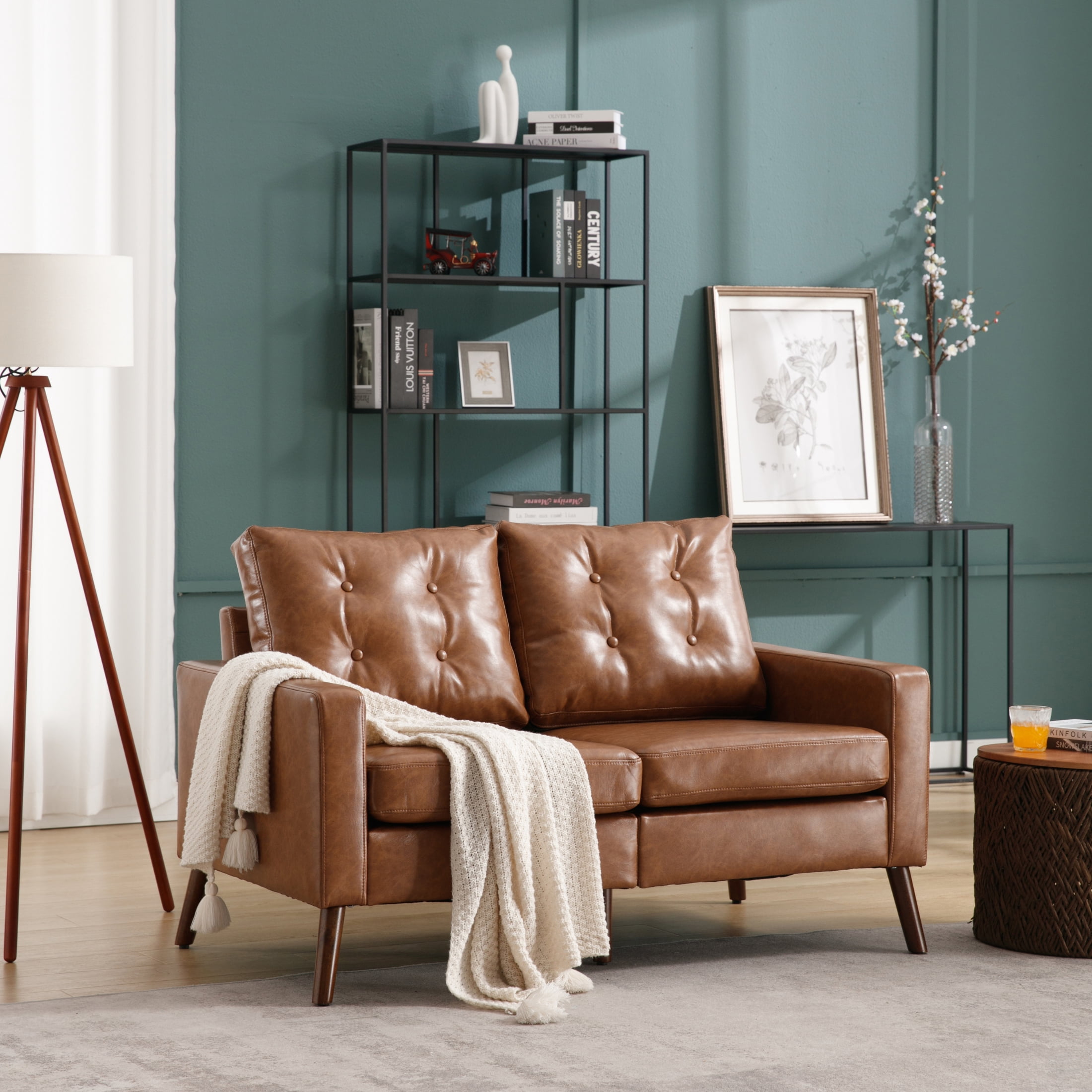 Guyou Modern 53” Loveseat Sofa, Comfy Upholstered Button Tufted Faux Leather 2 Seater Small Sofa Couch, Lounge Sleeper Love Seats for Small Spaces Living Room Apartment Bedroom, Brown