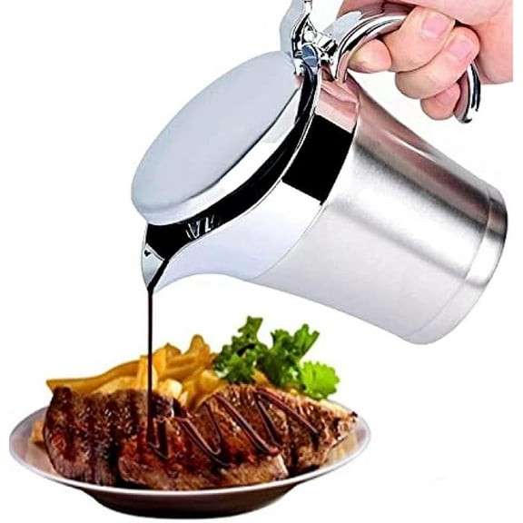 304 Stainless Steel Double Insulated Gravy Boat 16 oz with Hinged Lid,Sauce Jug and Steak Sauce Pot Double Walled Insulated Thermal (16 oz/450ml)