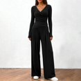 thumbnail image 2 of NMMUED Casual 2 Piece Sets for Women Long Sleeve Wrap Shirts Wide Leg Pants Outfits Resort Wear Elegant Lounge Suits Black S, 2 of 8