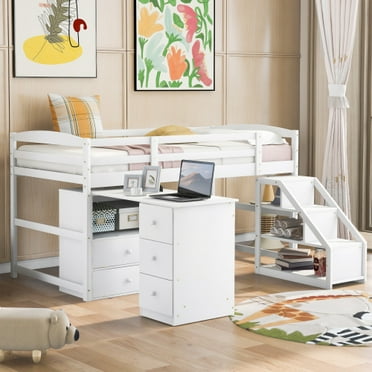 Low Loft Bed with Desk and Staircase, Twin Size Loft Bed with Storage Drawers and Multifunctional Movable Built-in Desk, Wood Loft Bed for Kids Teens Boys and Girls (Twin, White)