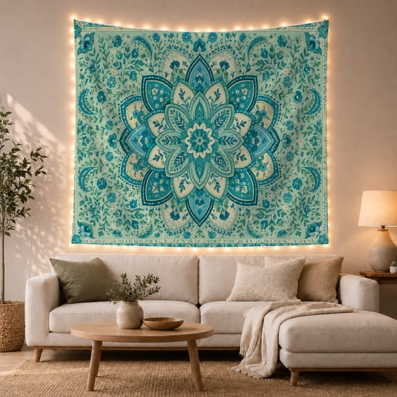 Mandala Floral Vine on Pale Mint Background, Calming Boho for Nature Decor Lovers, Folk Art Wall Decor, Housewarming Gift Tapestry Wall Hanging for Bedroom and Living Room