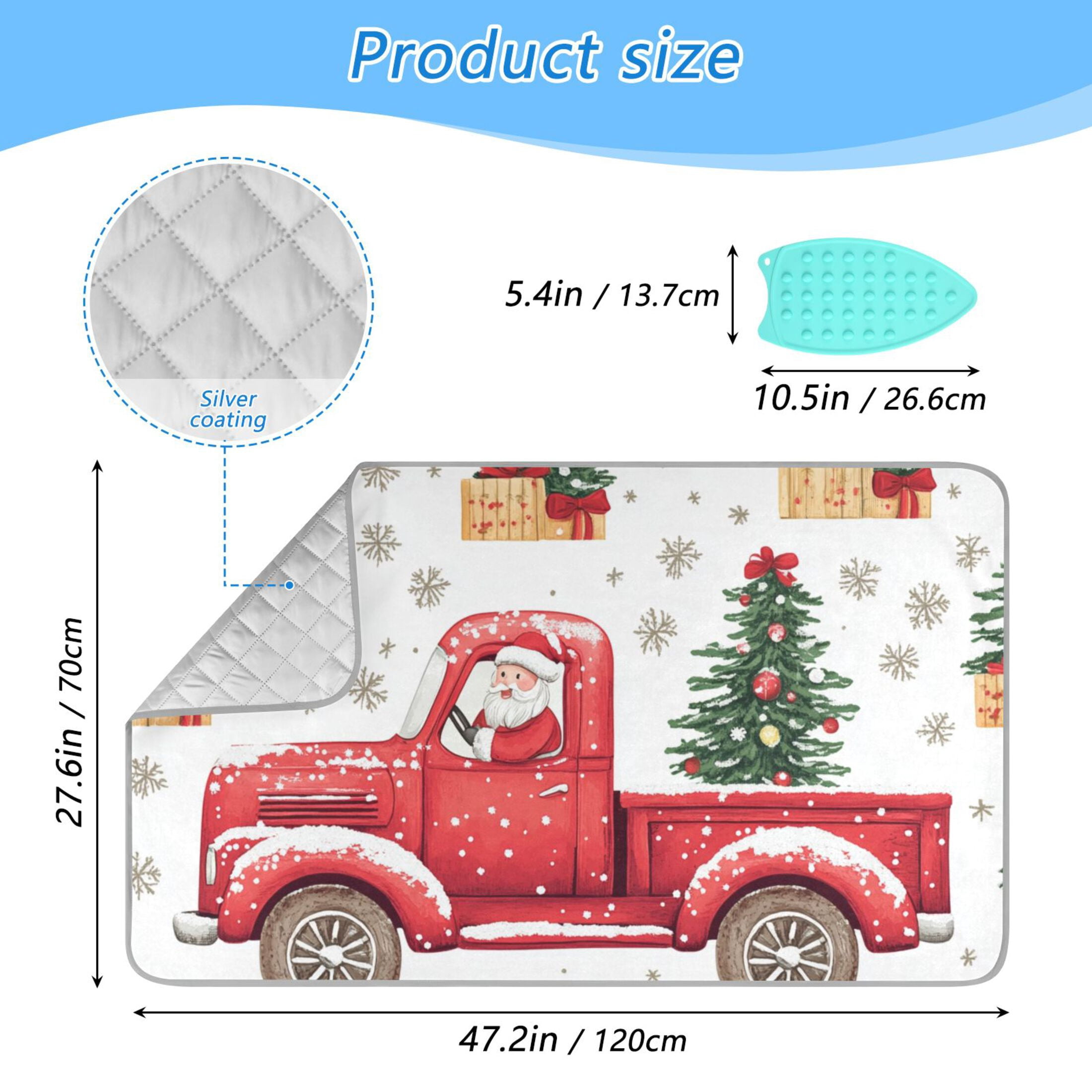 Santa Driving Car with Christmas Trees Snow Ironing Mat Blanket Portable Travel Ironing Pad Heat Resistant Pad 47.2" x 27.6”