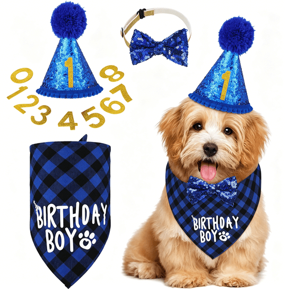 AUQ Dog Birthday Party Birthday Boy Girl Cake Bandana Triangle Scarf Party Hat Dog Bow Tie Collar with Numbers for Large Medium Small Dog Puppy 1St Birthday(Elegant Style,Medium)