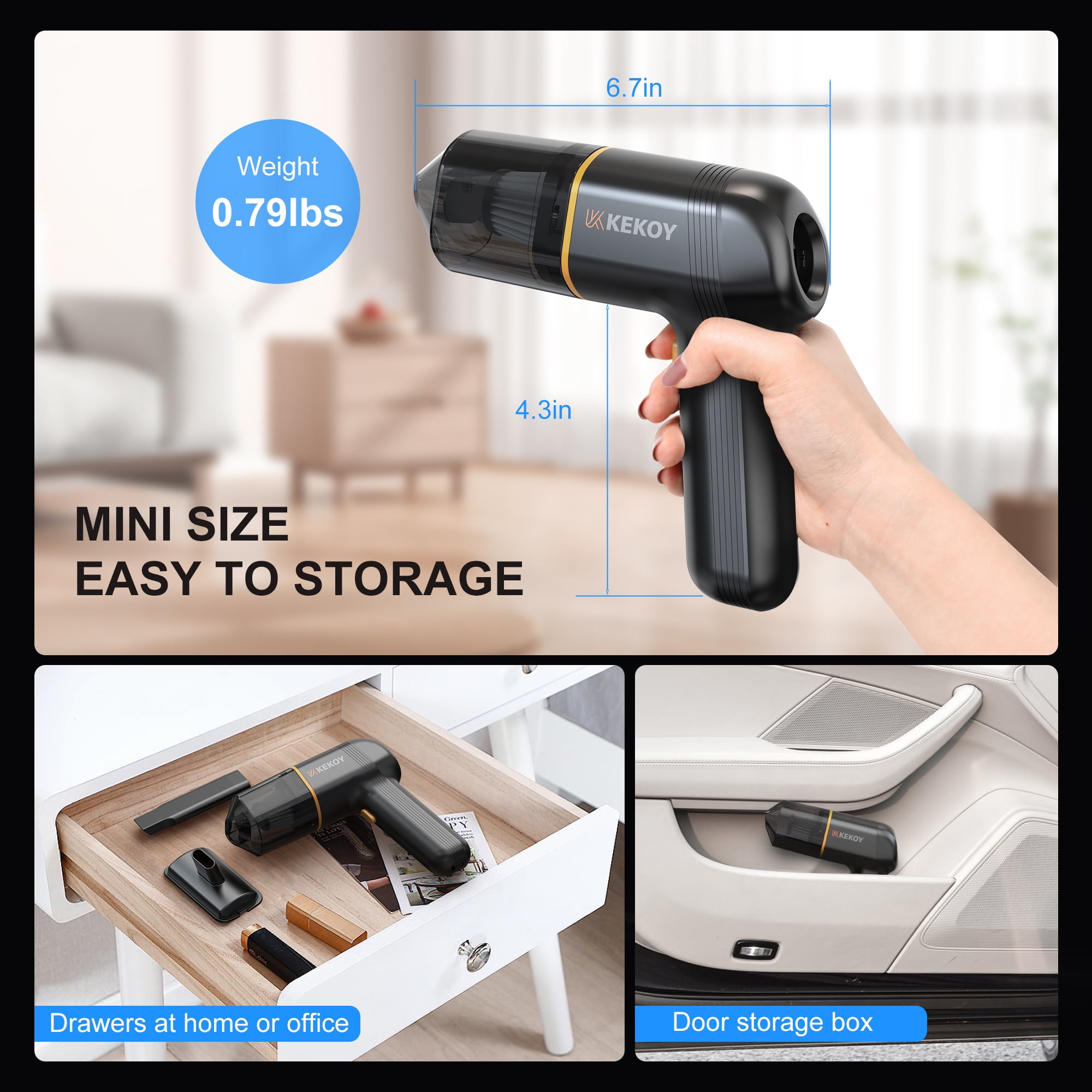 Car Vacuum Cleaner Cordless, KEKOY Portable Handheld Vacuum, Powerful Sutions Multifunctional Small Rechargeable Vacuum Lightweight for Car, Home