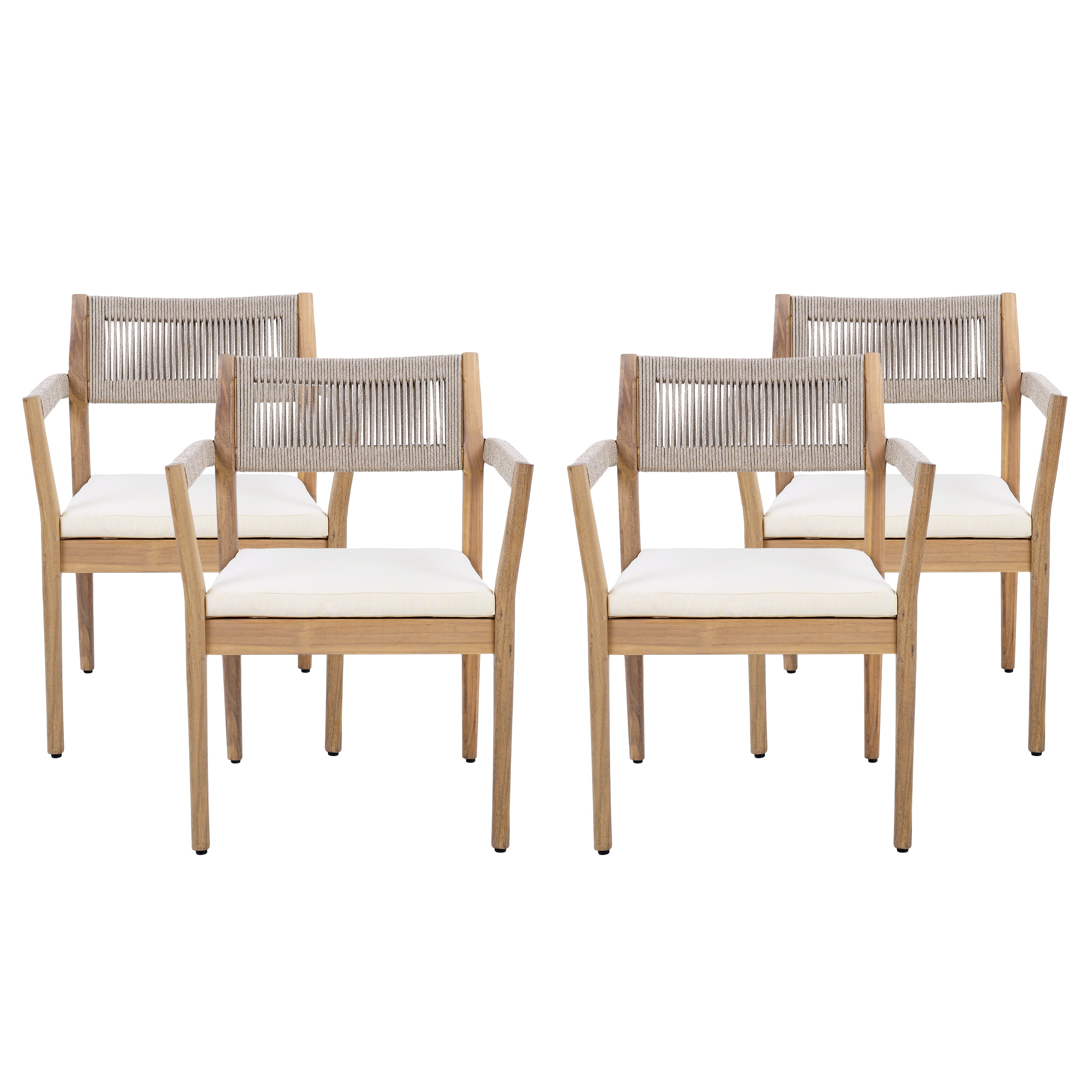 Dining Chairs Set of 2, Outdoor Braided Acacia Wood Chairs with Beige Rope and Cream Cushions for Patio, Teak