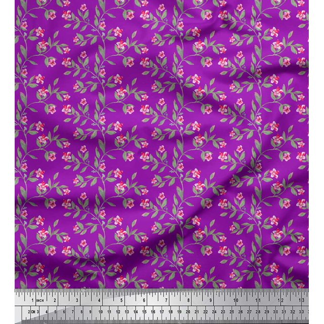 Soimoi Purple Rayon Fabric Leaves & Azalea Floral Printed Fabric 1 Yard 42 Inch Wide