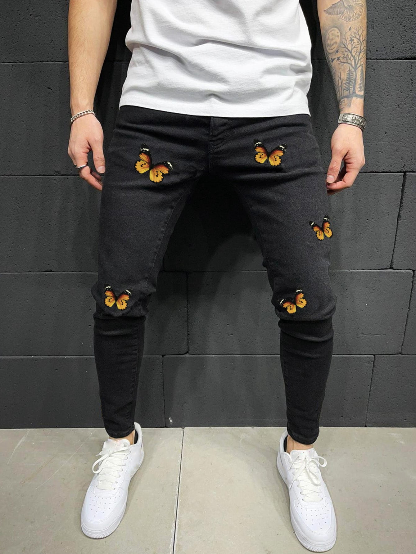 Men Butterfly Print Skinny Jeans XXL(14 