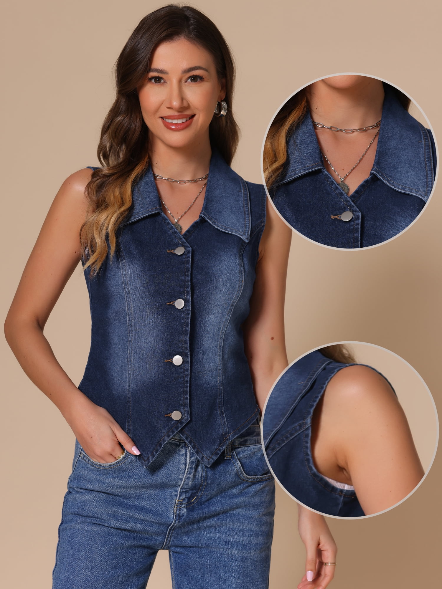 DARING DIVA Women's Denim Vest stays Sleeveless Jean Jacket Tops Button Down Waistcoat M Deep Blue
