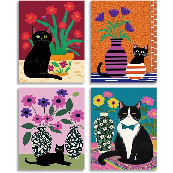 Fun Black Cat Wall Art Abstract Flower Canvas Posters, Colorful Fashion Flower & Cat Art Prints for Bedroom Bathroom Children's Room Home Decor, Set of 4 Unframed 8x10 Inches
