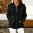 thumbnail image 2 of Women's Ribbed Knit Hoodies Half Button V Neck Drawstring Hooded Sweatshirt Long Sleeve Loose Casual Pullover Tops for Fall Winter Black, 2 of 6