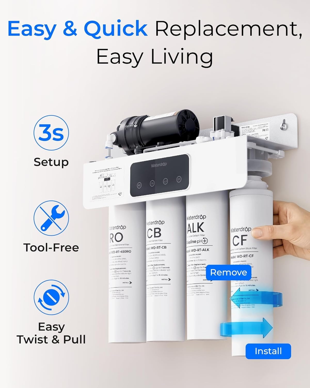 Waterdrop 𝐖𝐃-𝐓𝟒-𝐑𝐂𝐀 Replacement Filter 1-Year Combo, Pack of 2 CF, Pack of 1 CB and 1 Alkaline Filter, Replacement for 𝐖𝐃-𝐓𝟒-𝐀 Reverse Osmosis System (𝟐*𝐂𝐅 + 𝟏*𝐂𝐁 + 𝟏*𝐀𝐋𝐊)