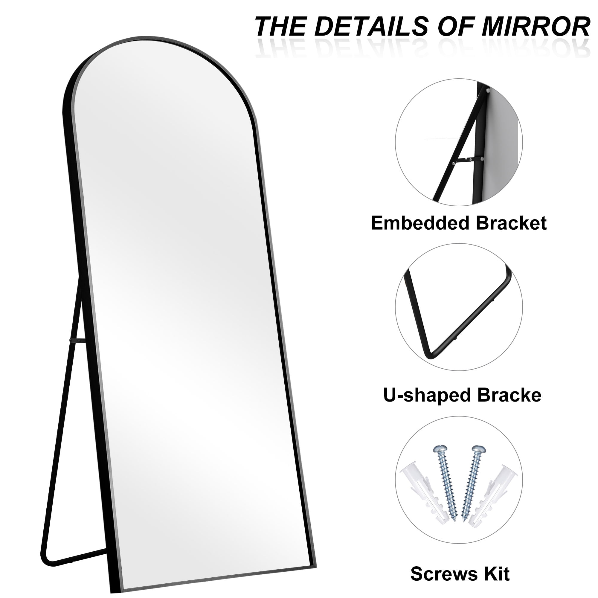 MAYEERTY 71*32*0.6in Full Body Mirror for Bedroom, Aluminum Frame, Right-Angle Arch with Stand, Black