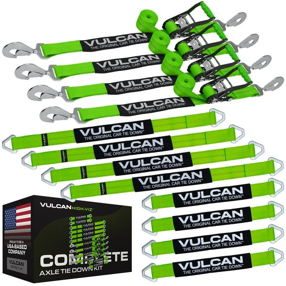 VULCAN Complete Axle Strap Tie Down Kit, Snap Hook Ratchet Straps, High-Viz, (4) 22 inch Axle Straps, (4) 36 inch Axle Straps, and (4) 8' Snap Hook Ratchet Straps