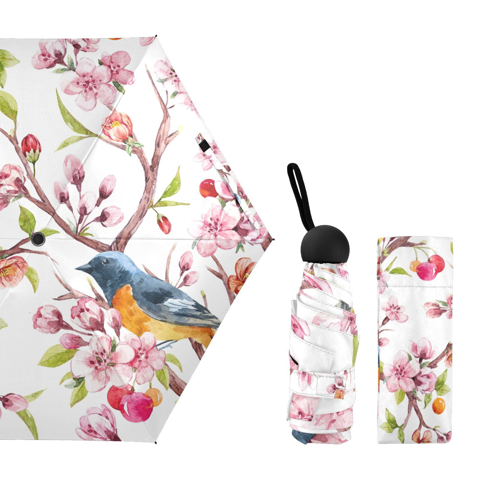 JSTEL Pink Cherry Blossom Bird Floral Folding Umbrella for Rain Sun Travel Mini Lightweight Compact Umbrellas