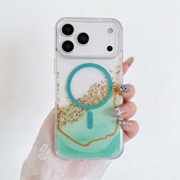 Magnetic Phone Case for iPhone 17 Pro [Compatible with Mag-safe] Glitter Cute Luxury Bling Gold Foil Drip Glitter Shockproof Anti-fall Phone Case for iPhone 17 Pro Phone Case,Green