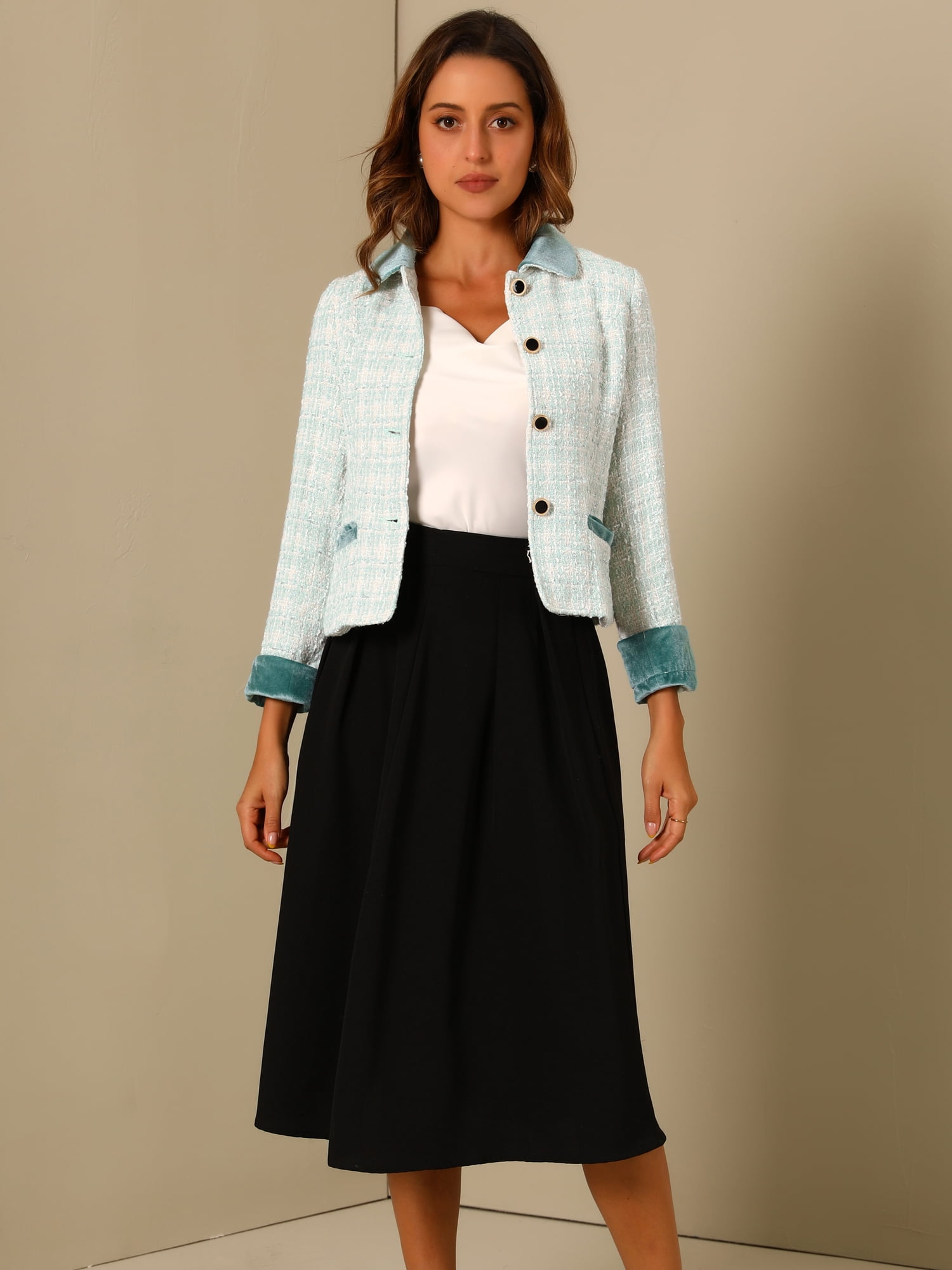 DARING DIVA Women's Elegant Velvet Collared Tweed Jacket Blazer XS White