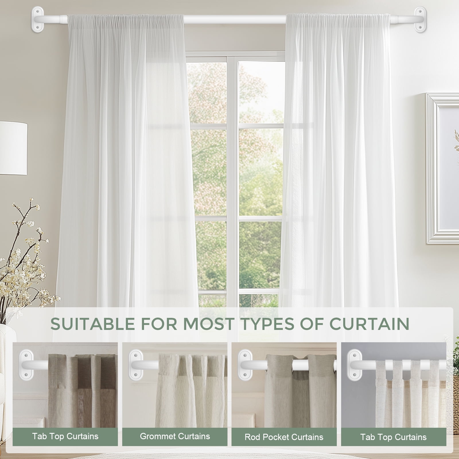 OLV 1" Diameter Adjustable Wrap Around Curtain Rods 28-48" heavy duty,White