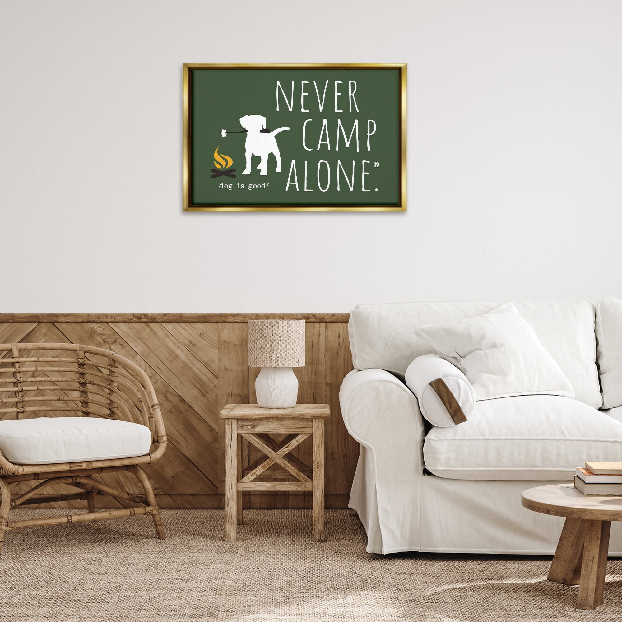 Stupell Industries Never Camp Alone Animals Painting Gold Floater Framed Canvas Art Print Wall Art, 31 x 21