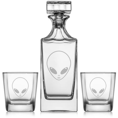 Whiskey Decanter Gift Set With 2 Whiskey Old Fashioned Rocks Glasses Alien Head