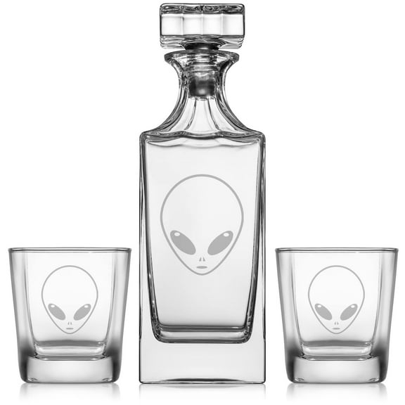 Whiskey Decanter Gift Set With 2 Whiskey Old Fashioned Rocks Glasses Alien Head